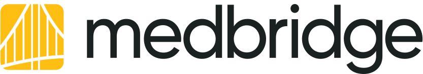 Medbridge logo with black lowercase text and a yellow and white bridge graphic on the left.